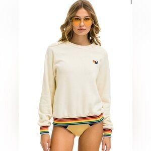 Aviator Nation Rainbow rib sweetshirt Cream Sweater with Multicolor Trim